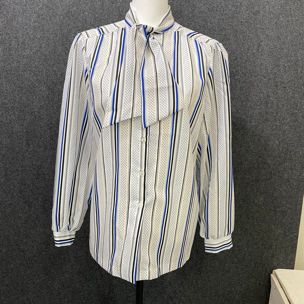 Vintage Alfred Dunner Striped Secretary Blouse | Size 14 | Blue White Tie Neck